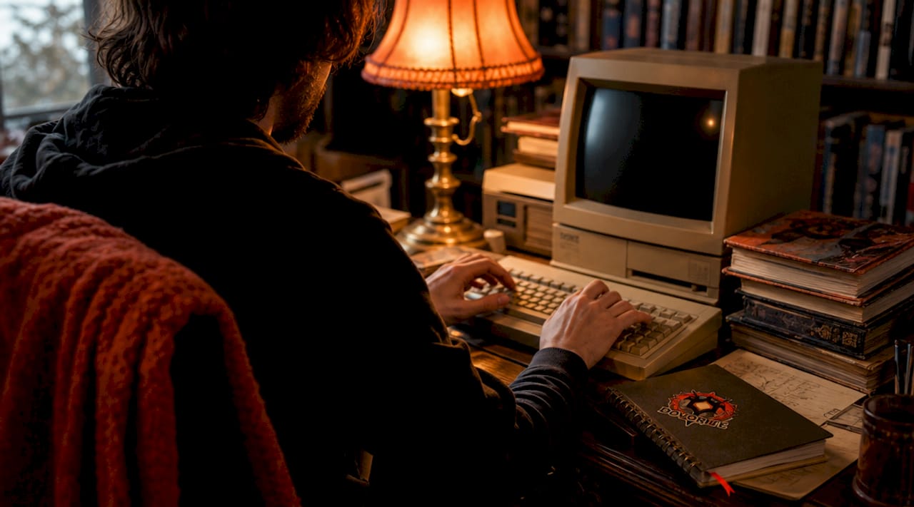 Hands typing commands for early text adventure game