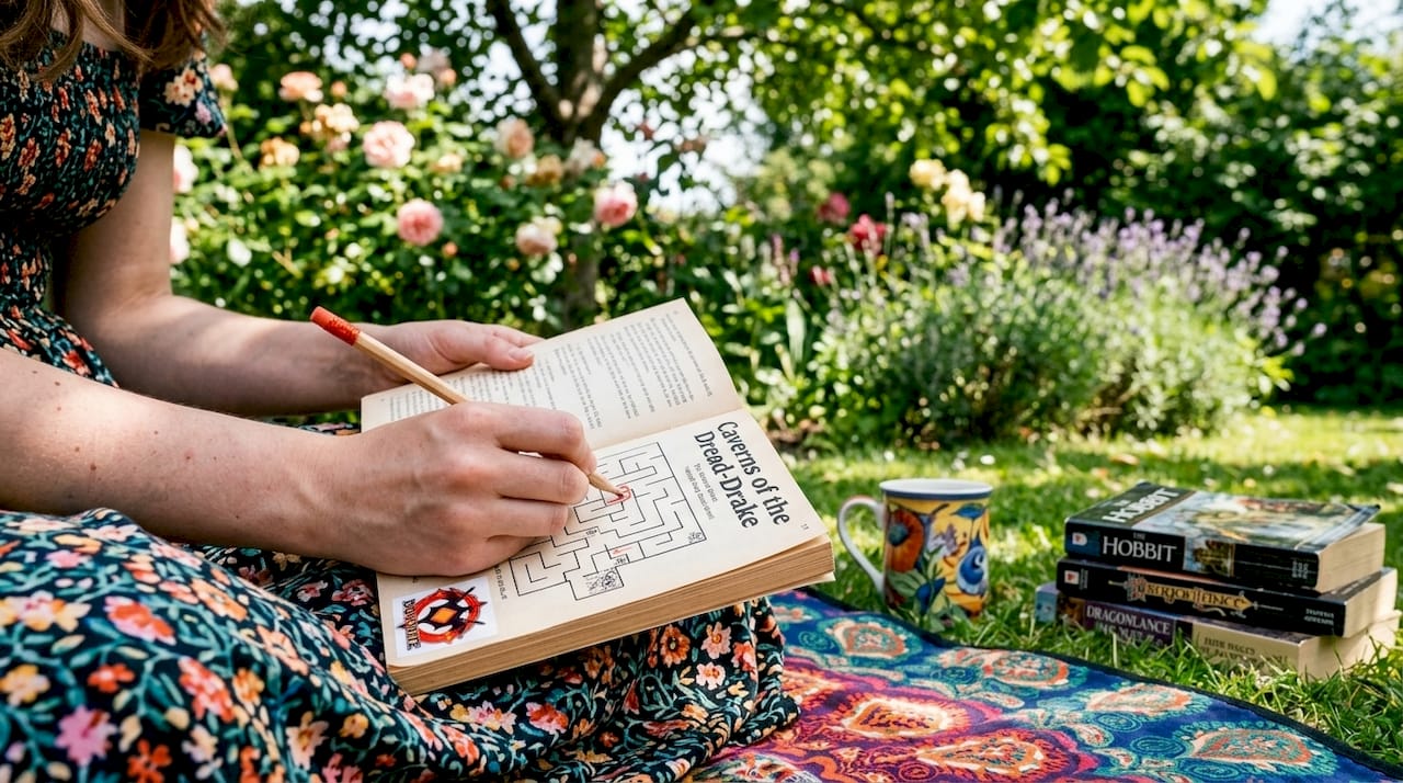 Person reading open world text adventure gamebook