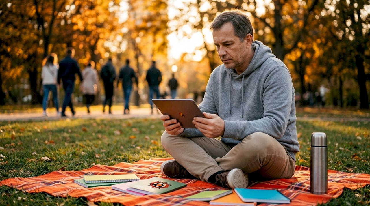 Man playing open world text adventure on tablet outdoors