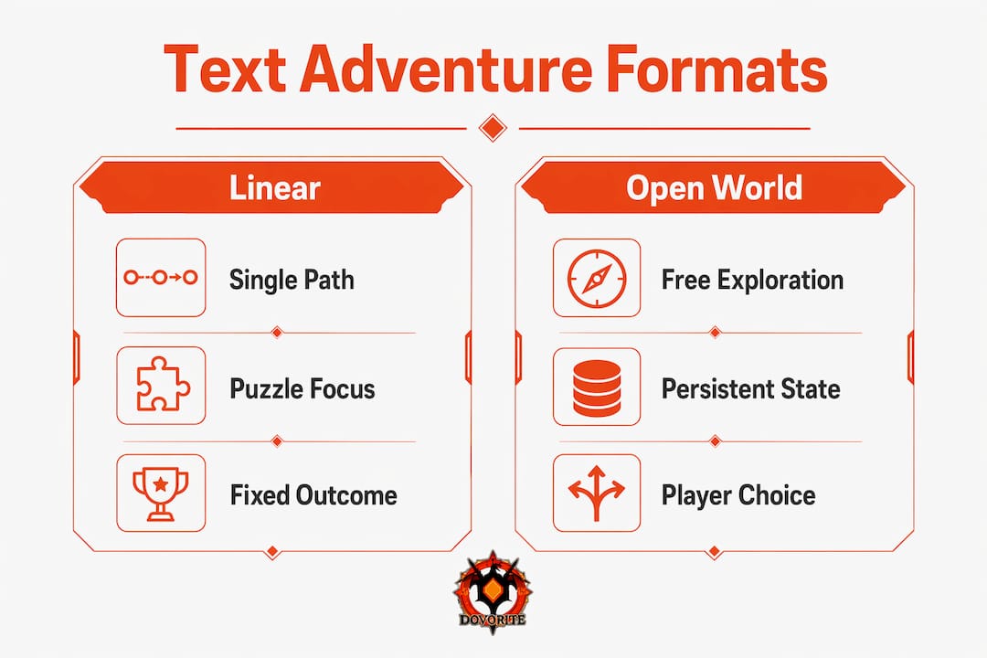 Infographic comparing linear and open world text adventures
