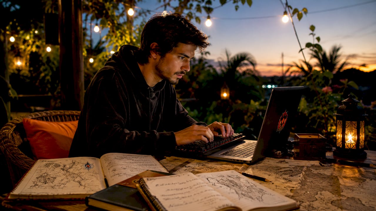Gamer engaging with classic text RPG game setup