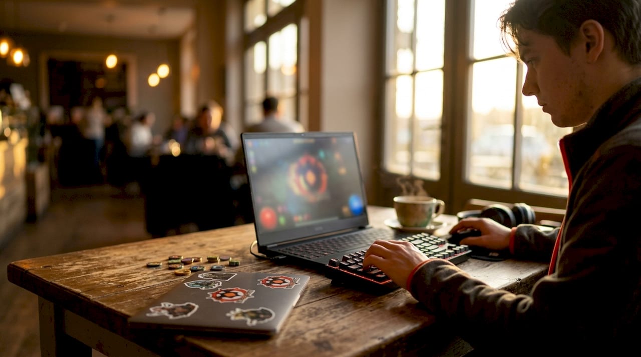 Player planning level-based XP progression at computer desk