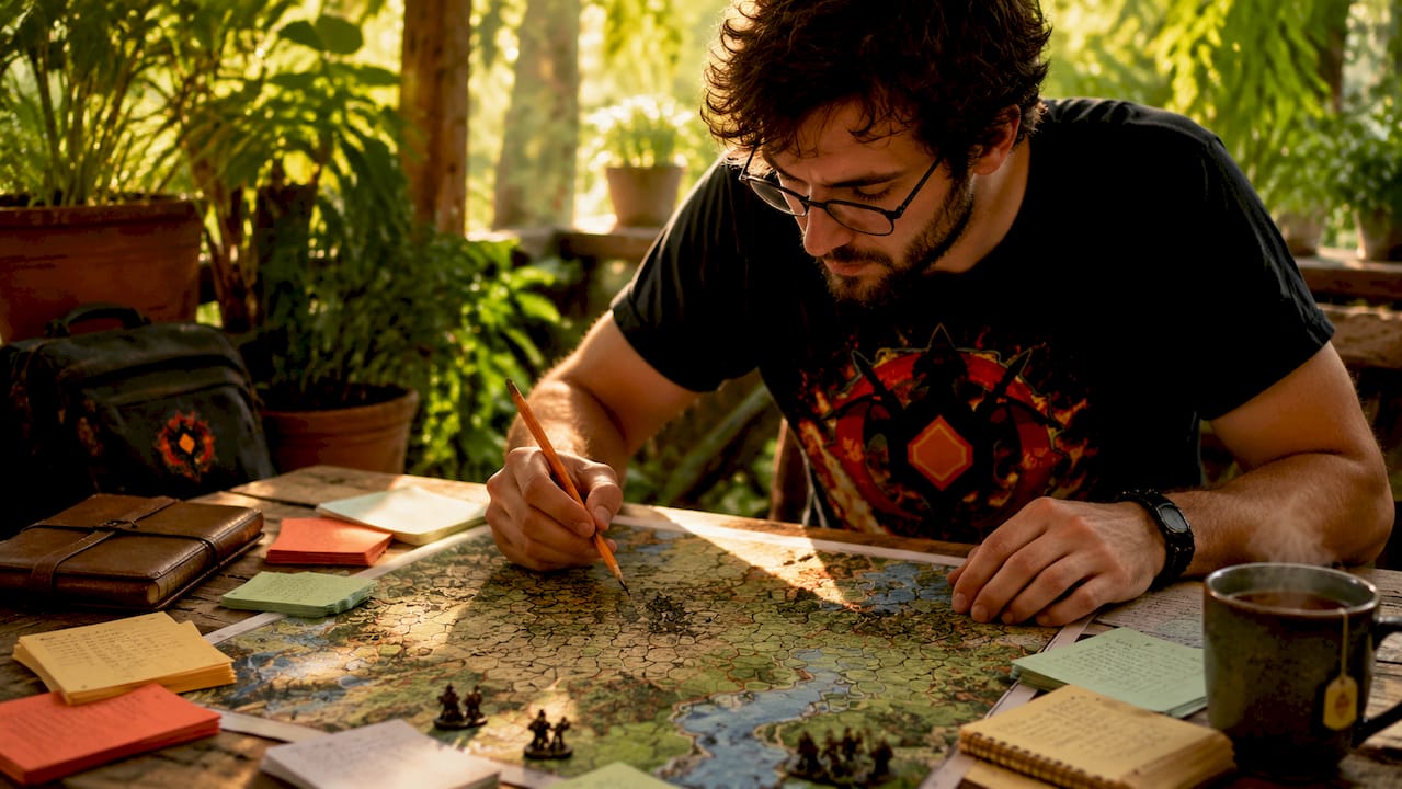 Gamer analyzing hex map for text RPG session