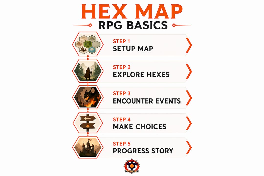 Infographic outlining basic steps of hex map text RPG gameplay