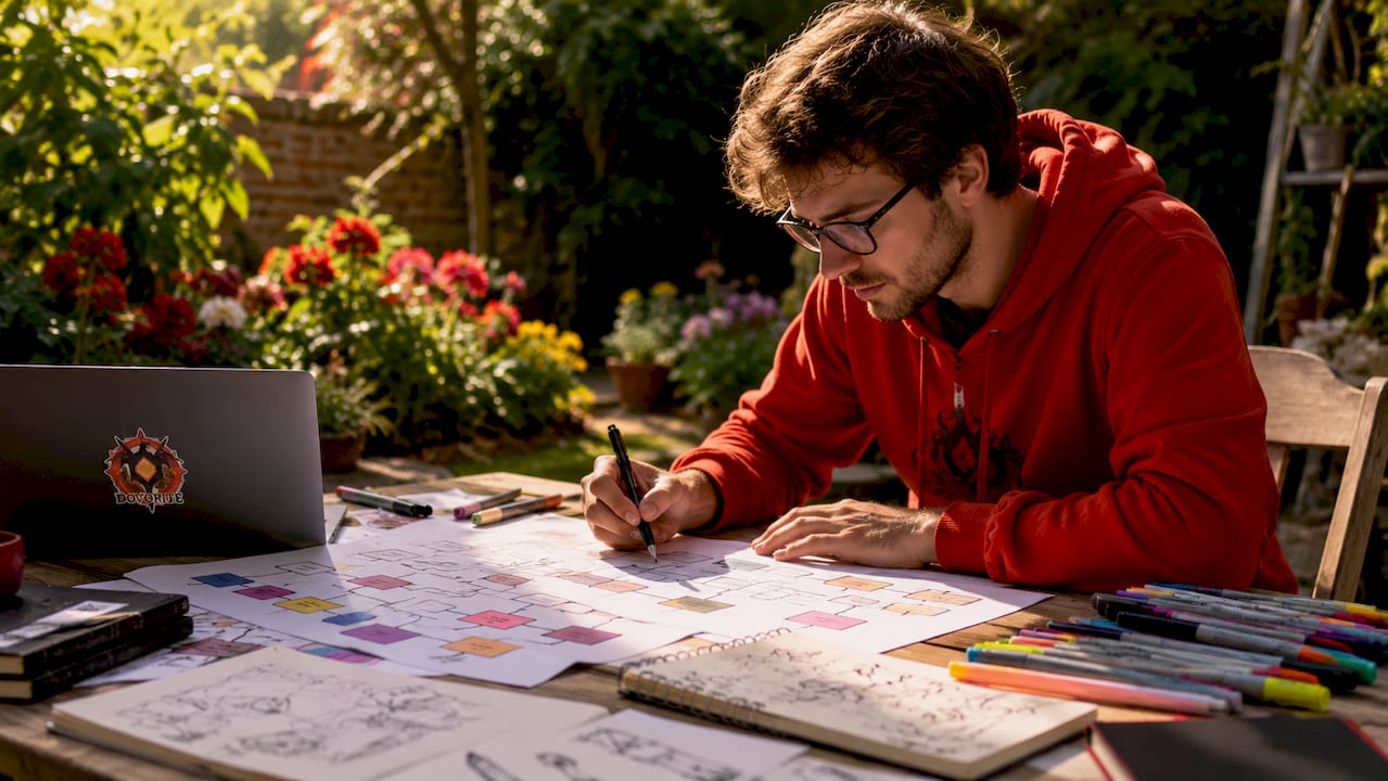 Developer reviewing dialogue tree flowcharts at desk