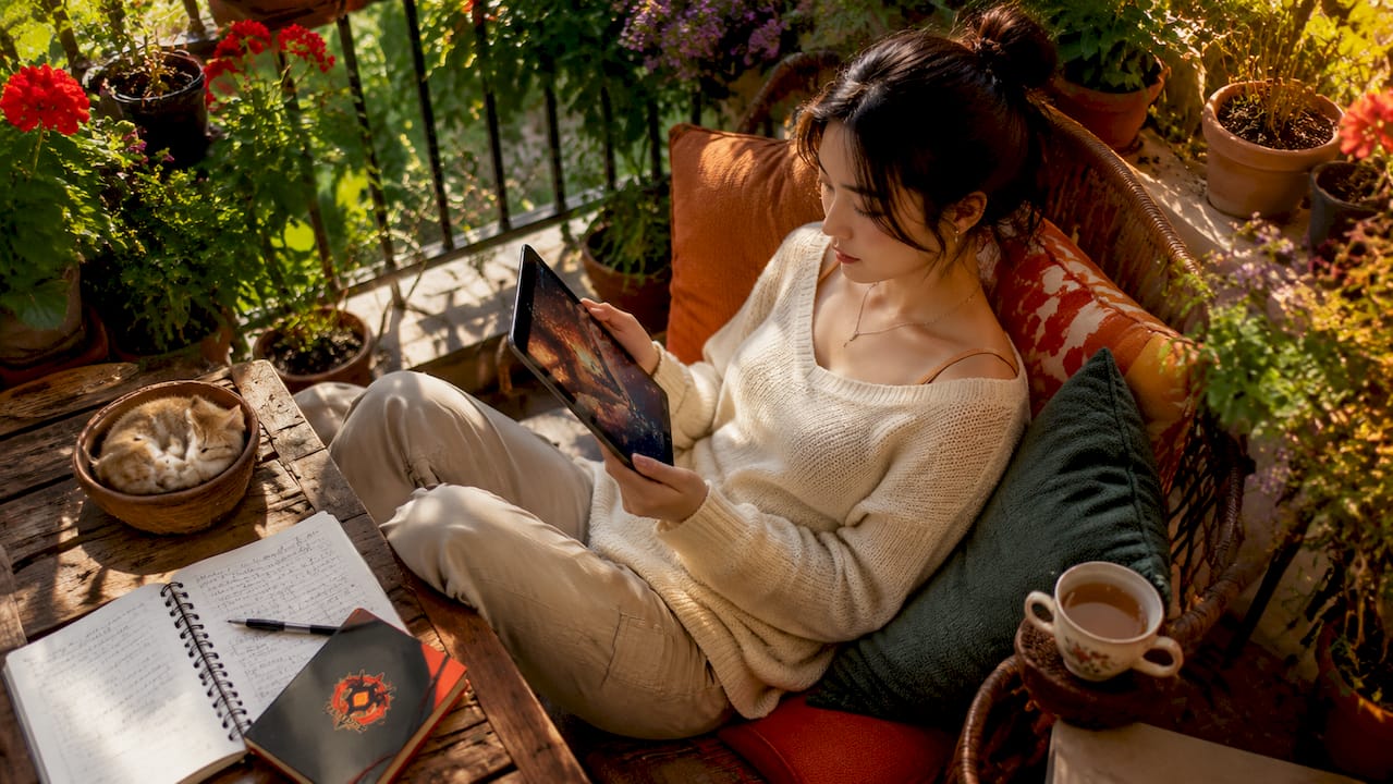 Woman reading playable novel on tablet at home