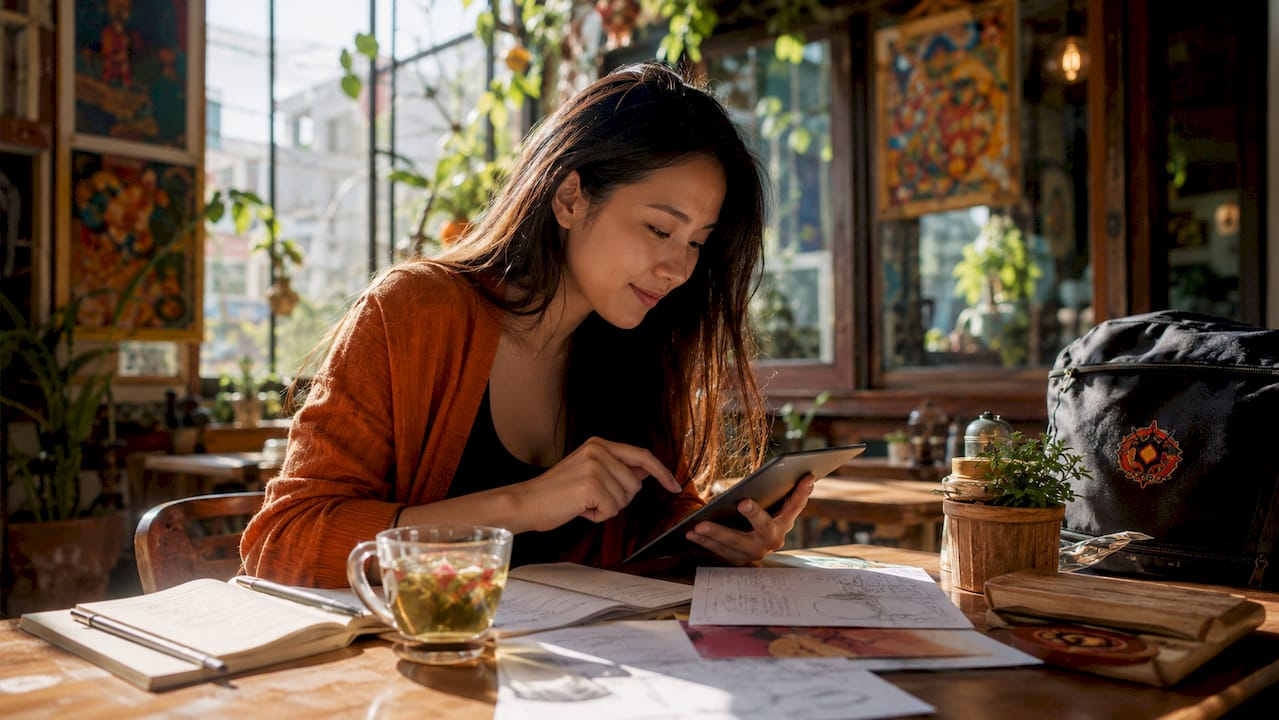Woman selecting choices in a playable novel app