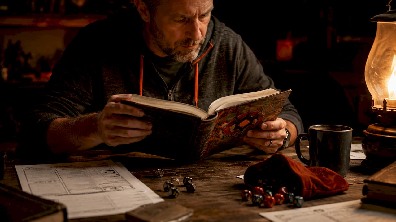 Gamemaster reading RPG story prompts