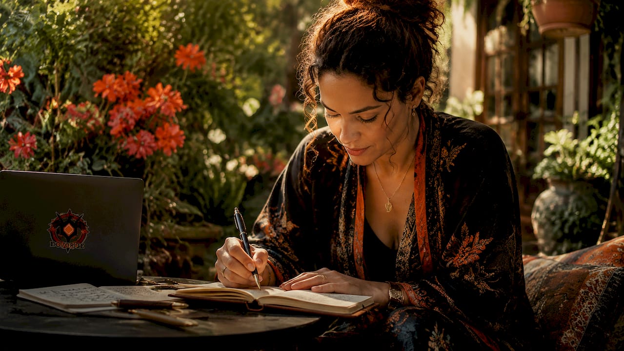 Woman writing immersive text RPG scene