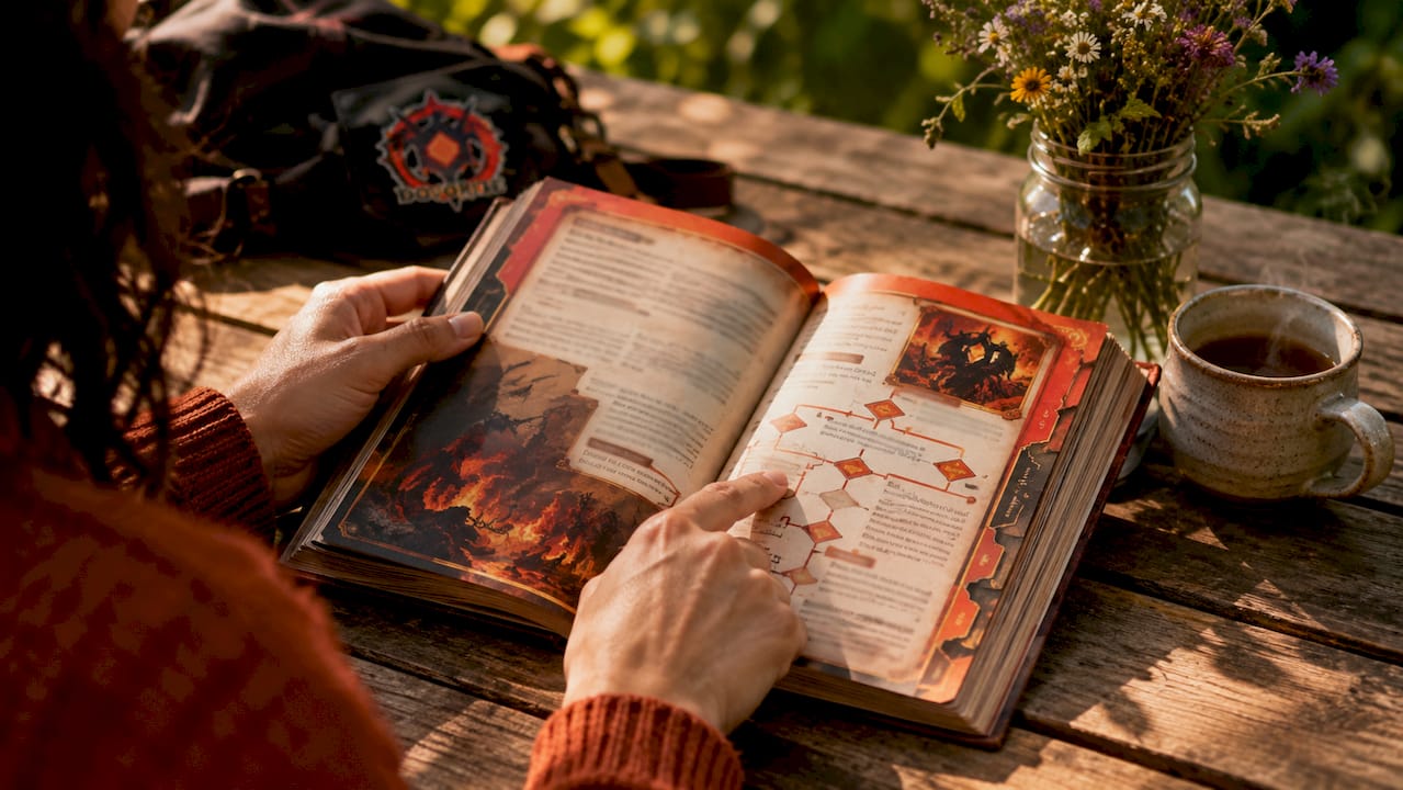 Close-up on hands browsing branching gamebook