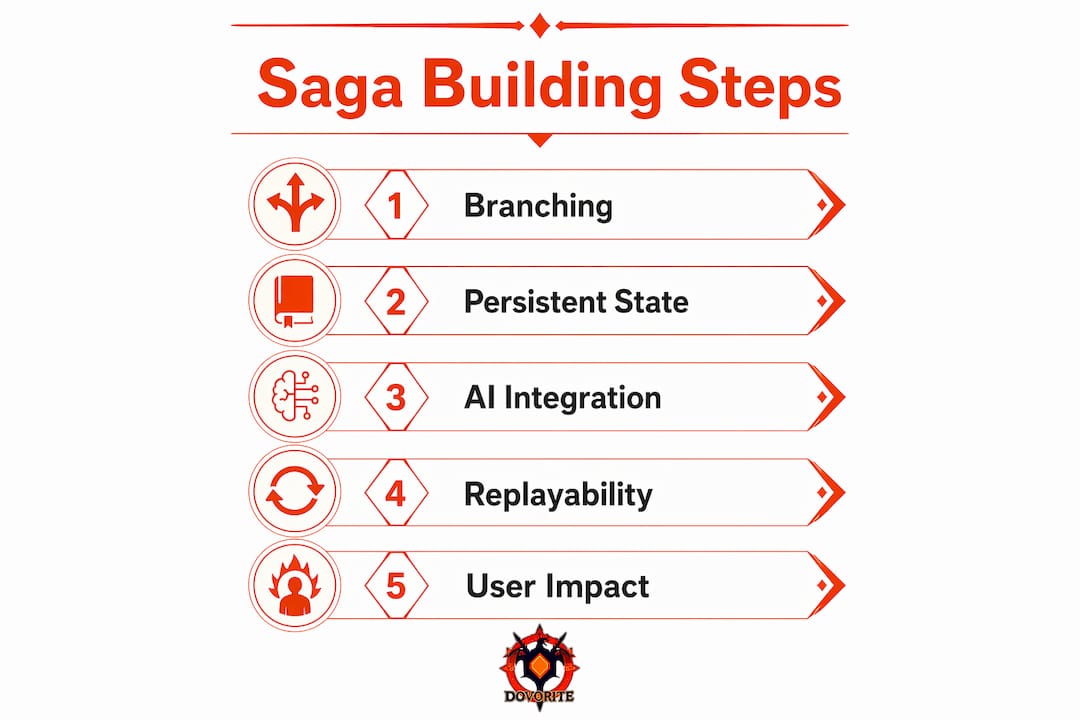 Infographic illustrating playable novel saga building steps