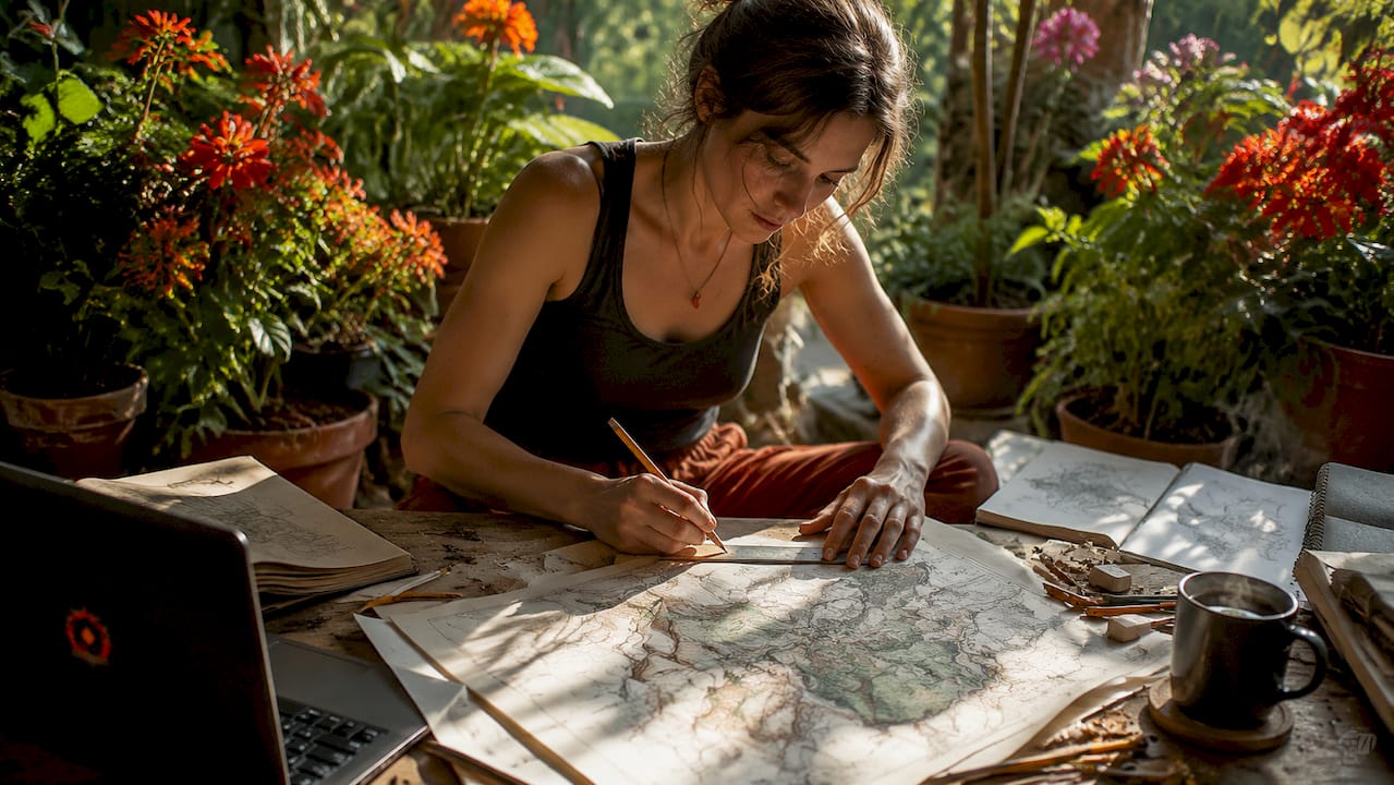 Game designer drawing detailed RPG map at desk