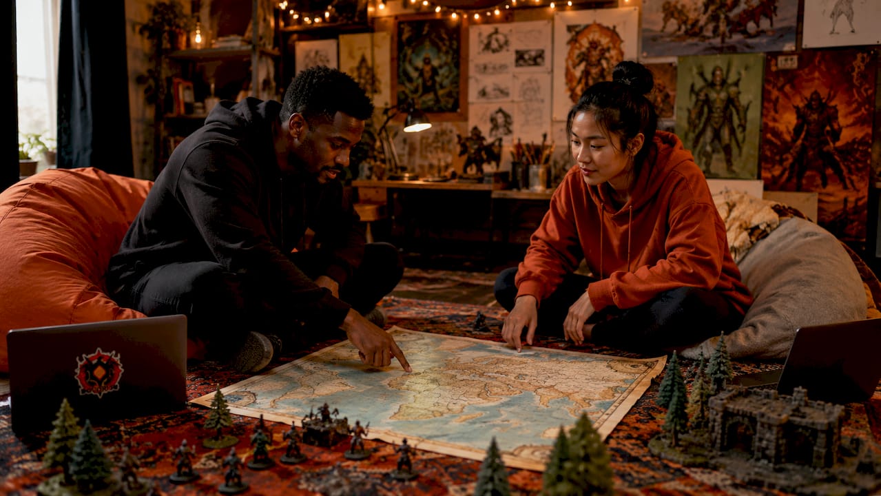 Two designers collaborating on handcrafted RPG worlds in library