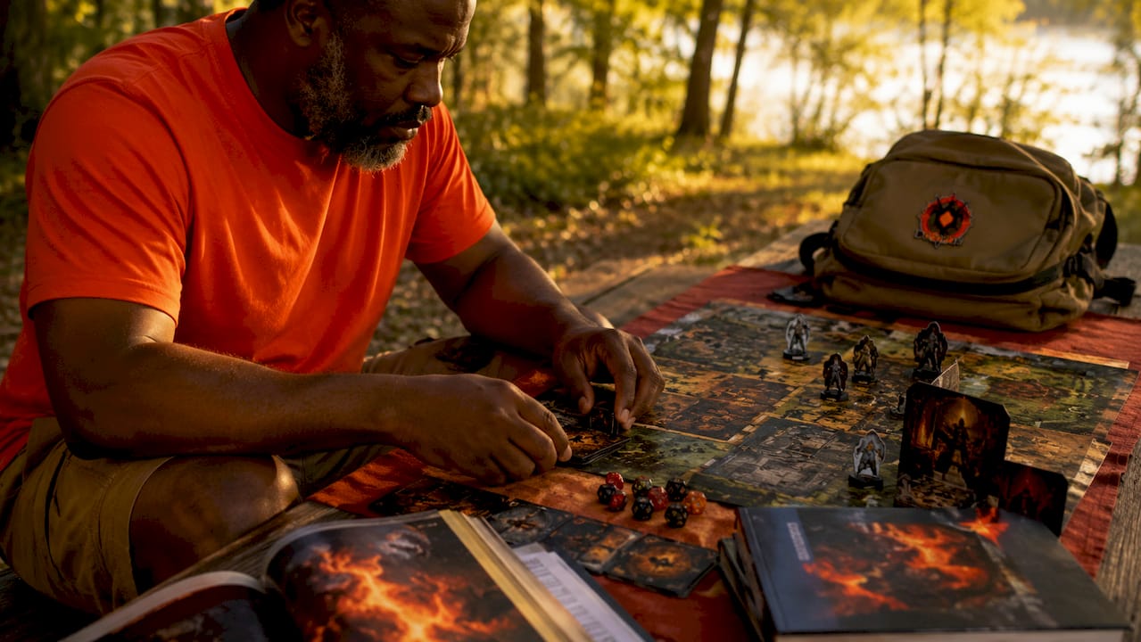 Hands arranging turn-based combat game components