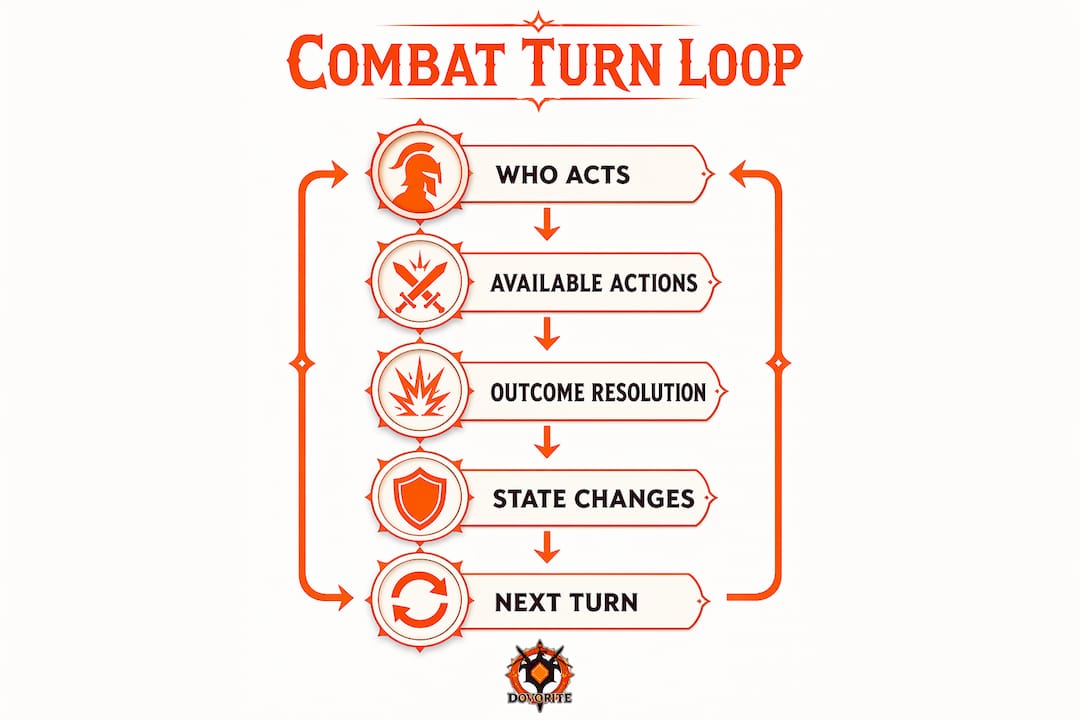 Infographic illustrating text RPG combat turn sequence