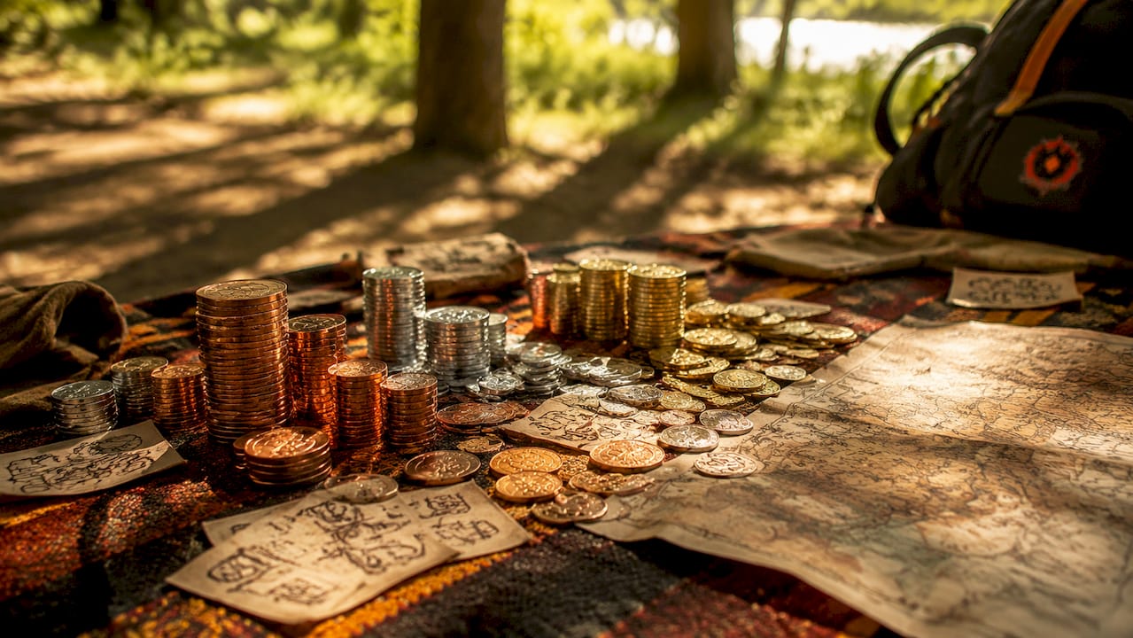 Coins arranged by rarity tiers on wooden table