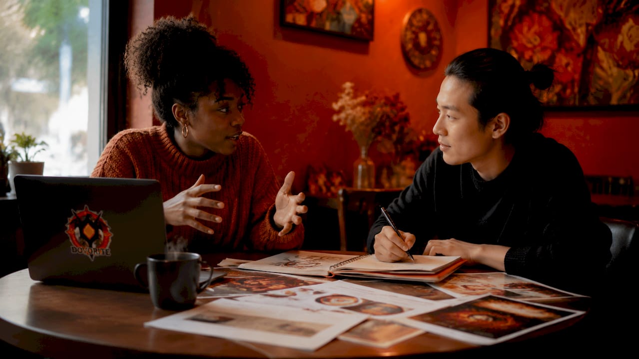 Developers discussing indie RPG game design documents