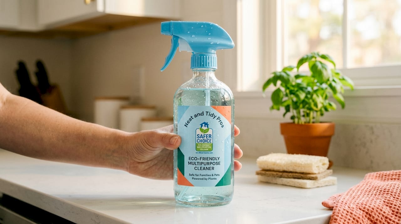 Hand holding EPA Safer Choice labeled cleaner bottle