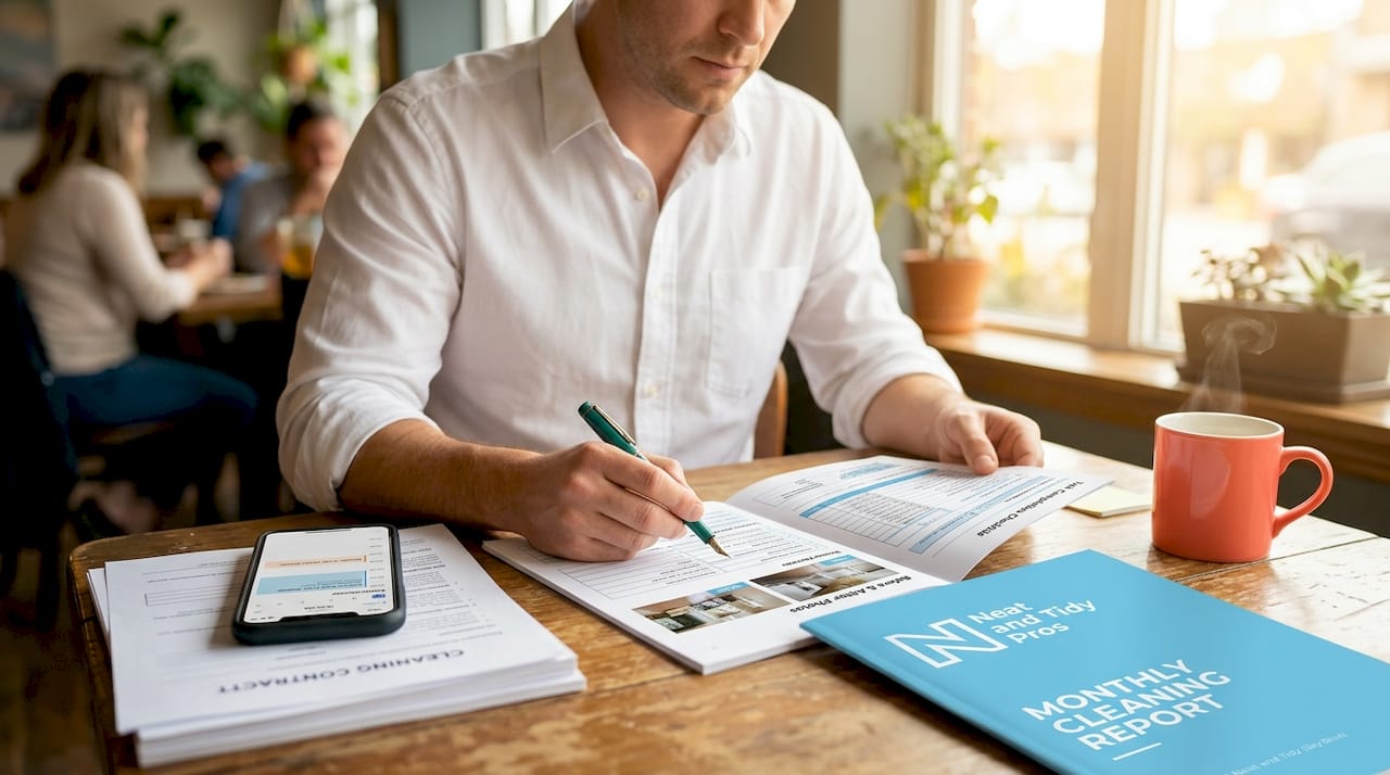 Manager reviewing cleaning report and photos at desk
