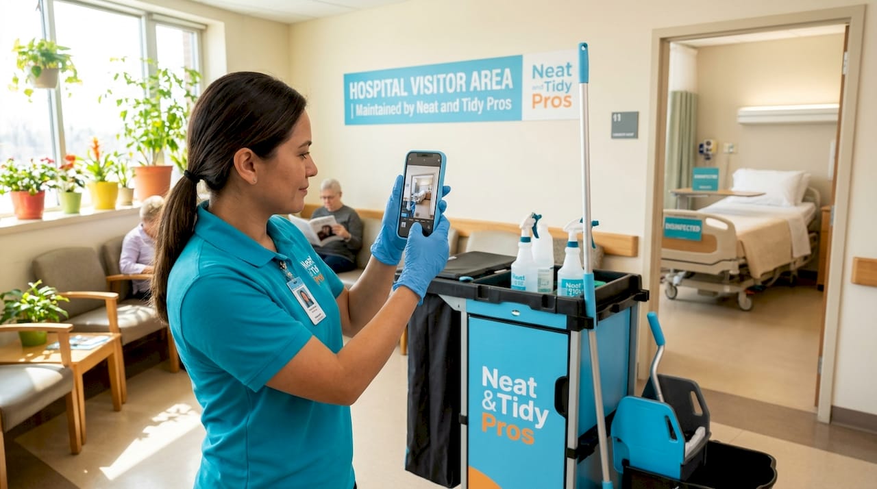 Cleaner documenting cleaning with smartphone in hospital