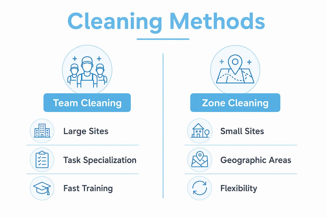 Infographic comparing team cleaning and zone cleaning methods