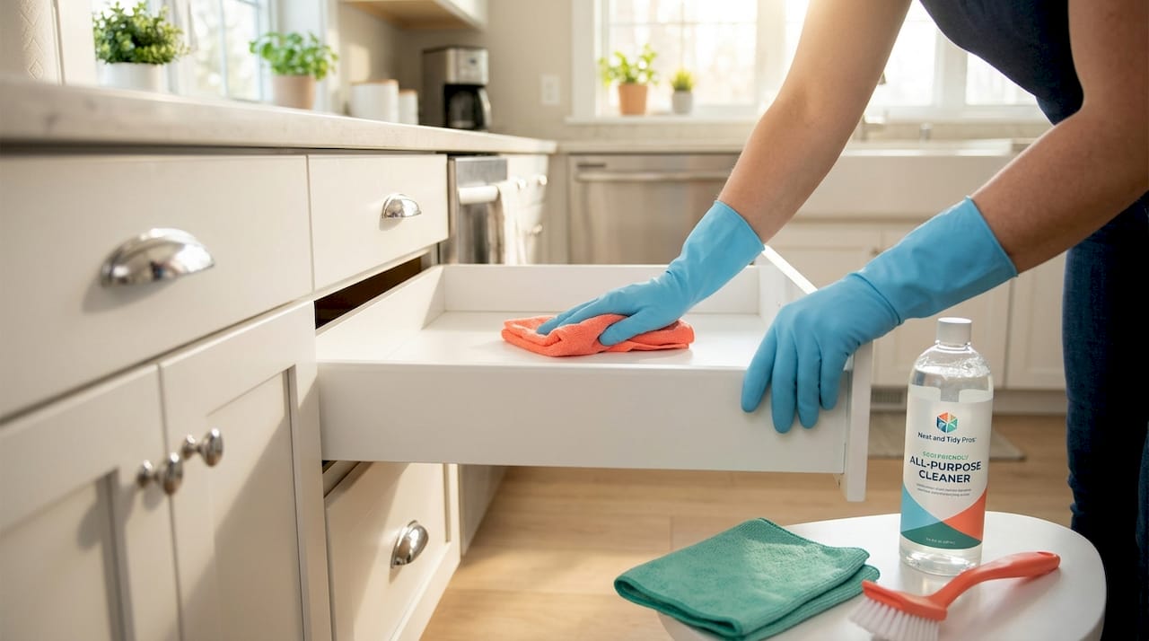Gloved hands disinfecting kitchen cabinet drawer interior