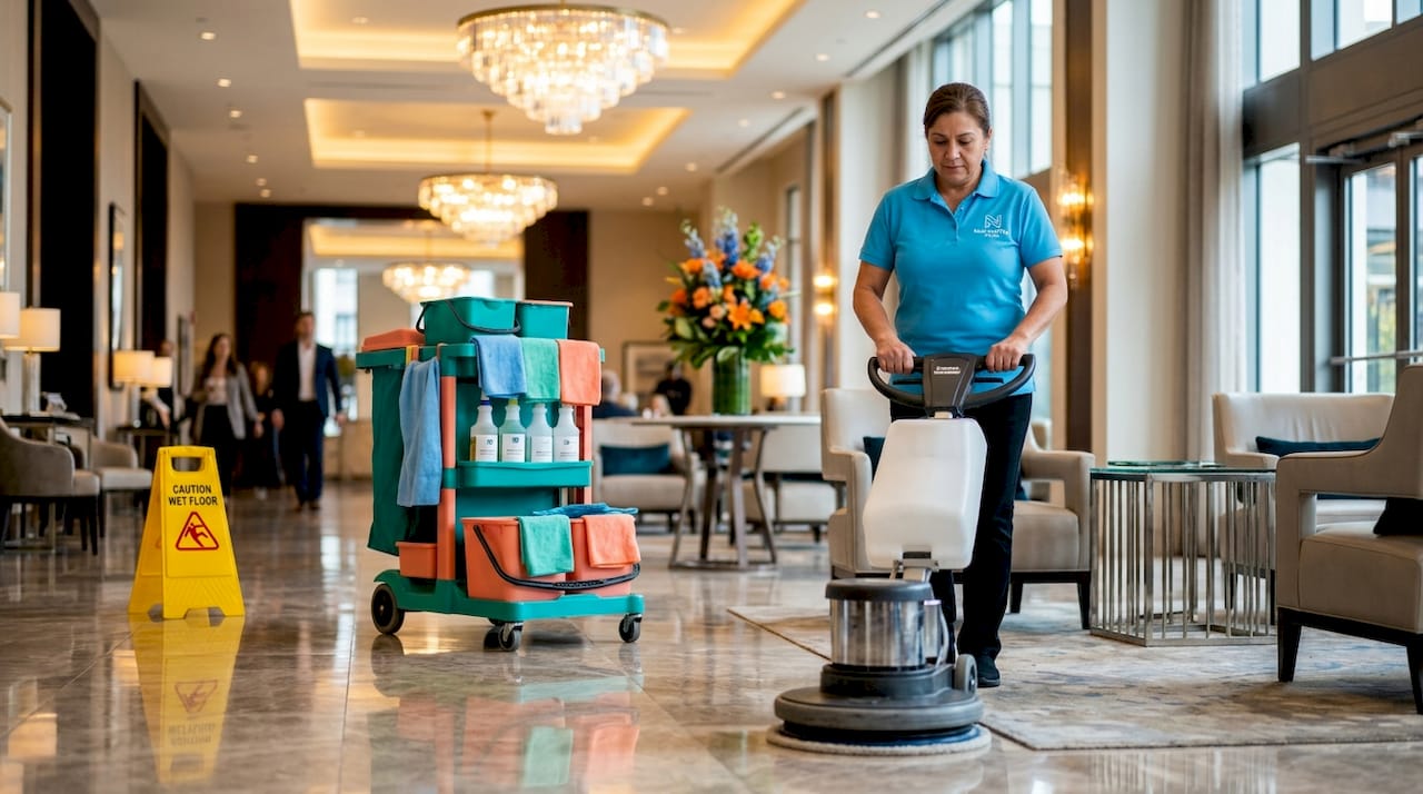 Janitor buffing hospital floor with equipment