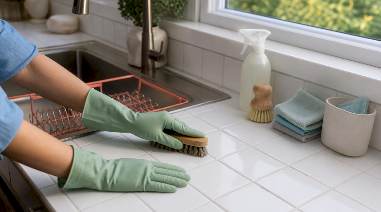 Hands scrubbing tile grout with cleaning tools