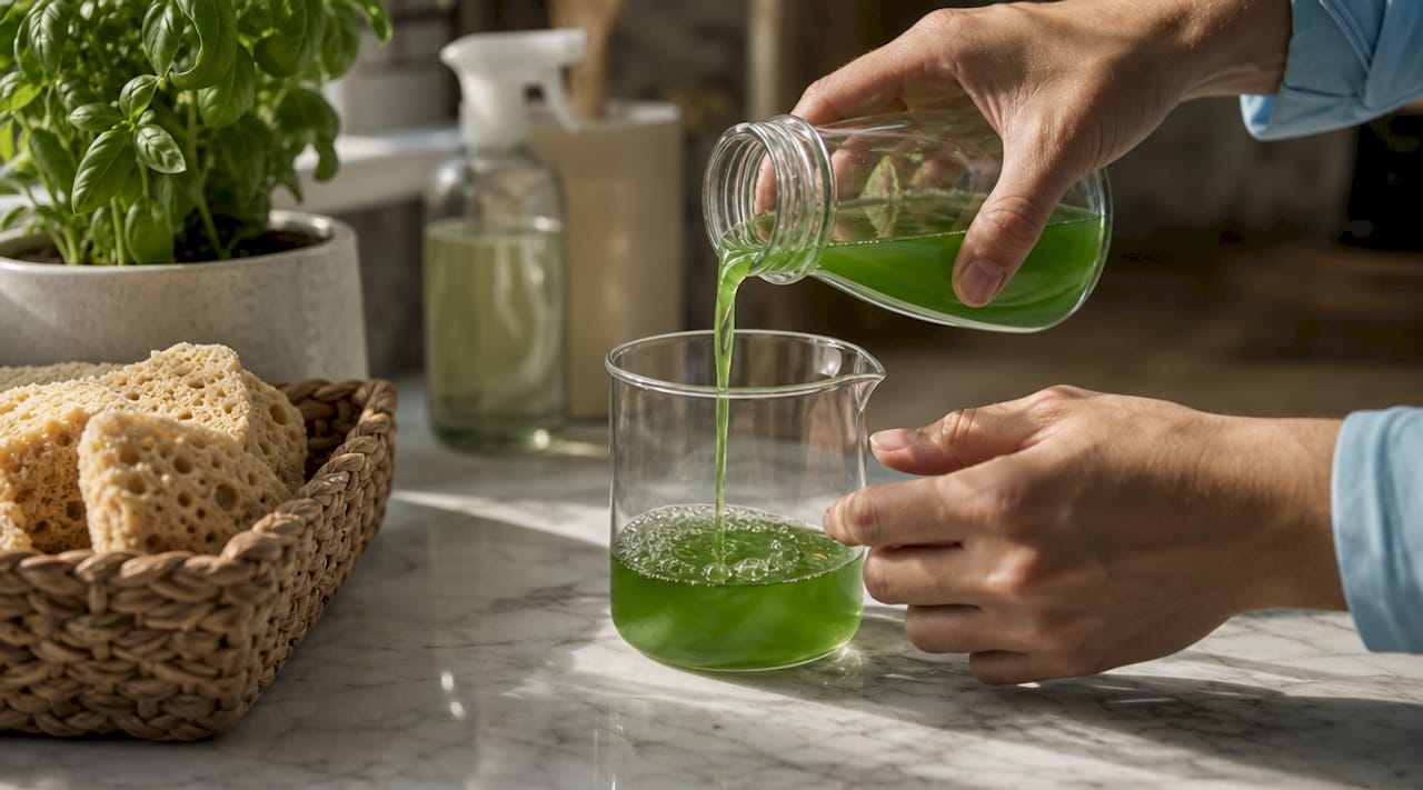 Hands pouring plant-based cleaning concentrate