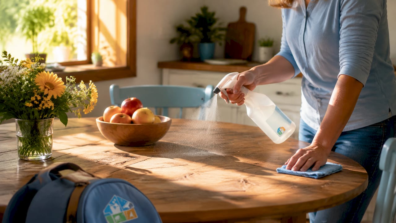 Hands using EPA Safer Choice cleaner on countertop