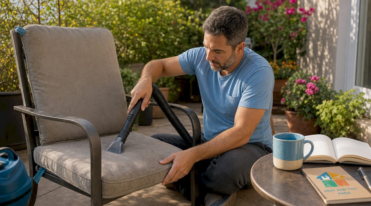Man vacuuming living room sofa upholstery