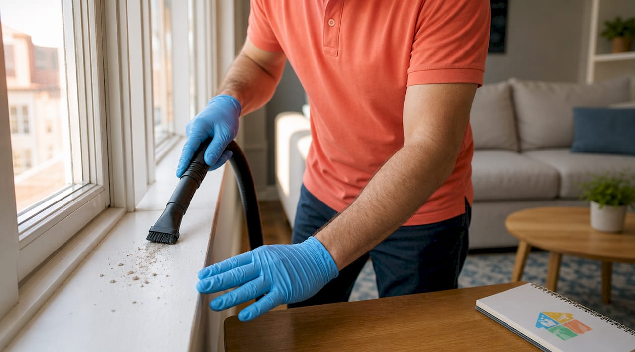 Hands using HEPA vacuum on dusty window sill