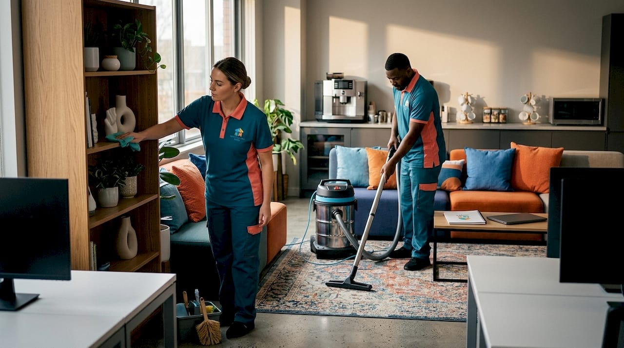 Professional cleaners performing core office tasks
