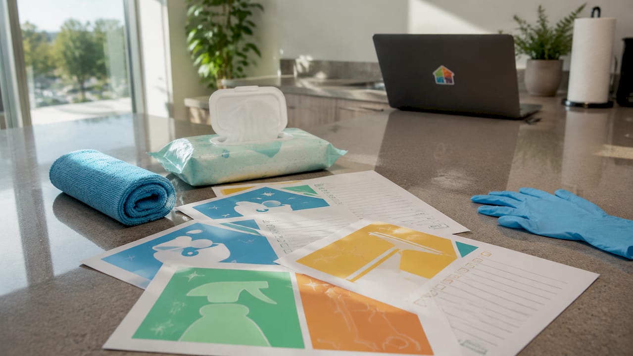 Cleaning checklists and supplies on conference room table