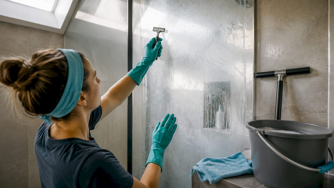 Hands scraping window residue with razor blade
