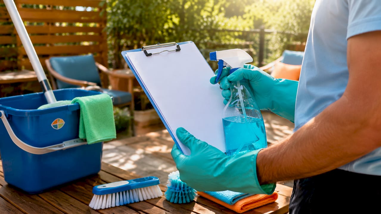 Hands holding cleaning supplies checklist in kitchen