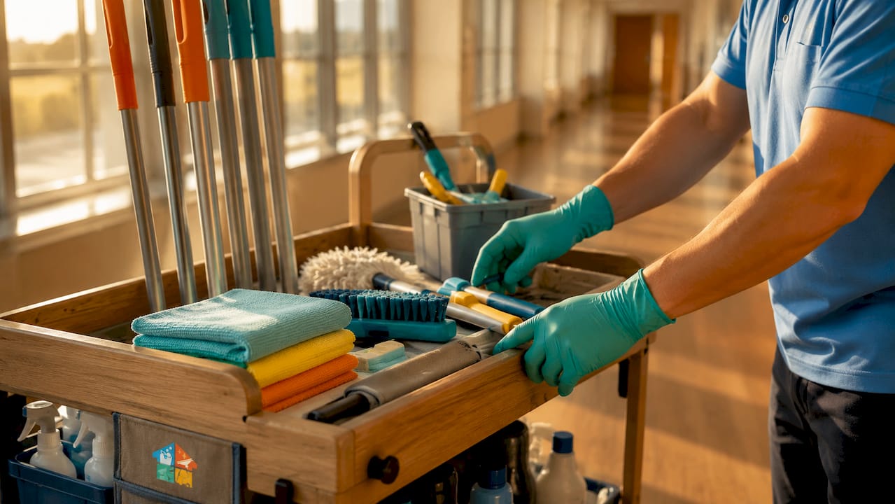 Janitor's hands organizing cleaning tools