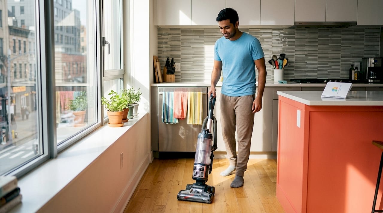 Man vacuuming carpet in bedroom