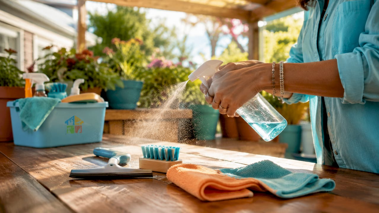 Hands holding spray bottle near bathroom sink