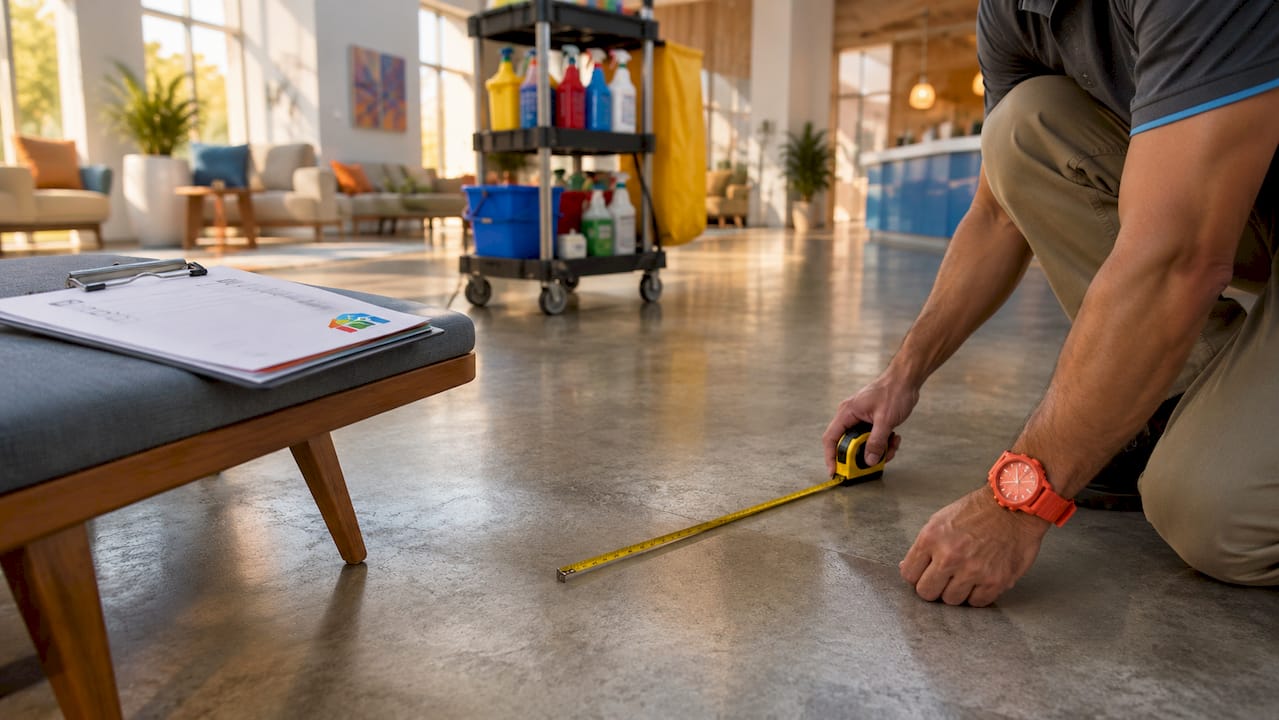 Hands measuring floor space for cleaning rate