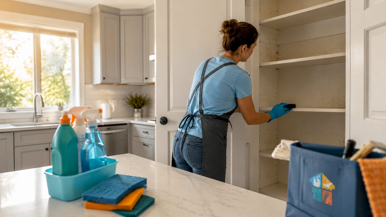 Cleaner wiping kitchen cabinet interior