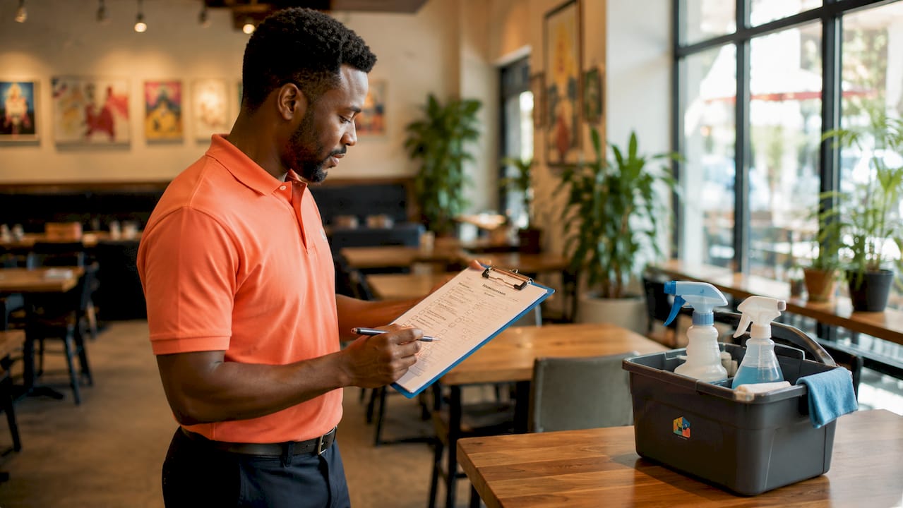 Professional reviewing cleaning checklist