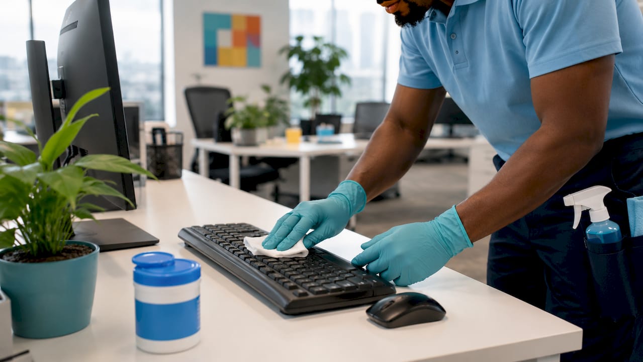 Hands disinfecting office computer keyboard and mouse