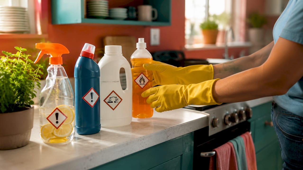 Hands with gloves handling cleaning bottles safely