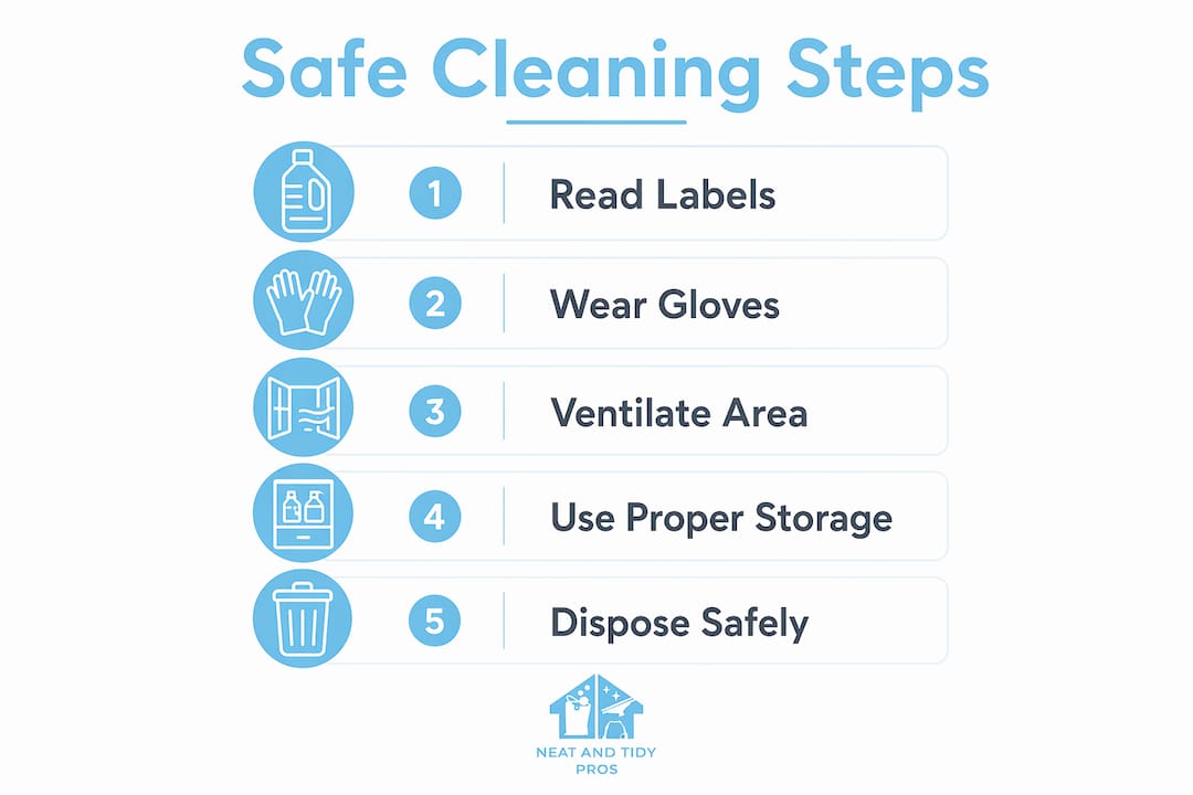 Infographic showing five key cleaning safety steps