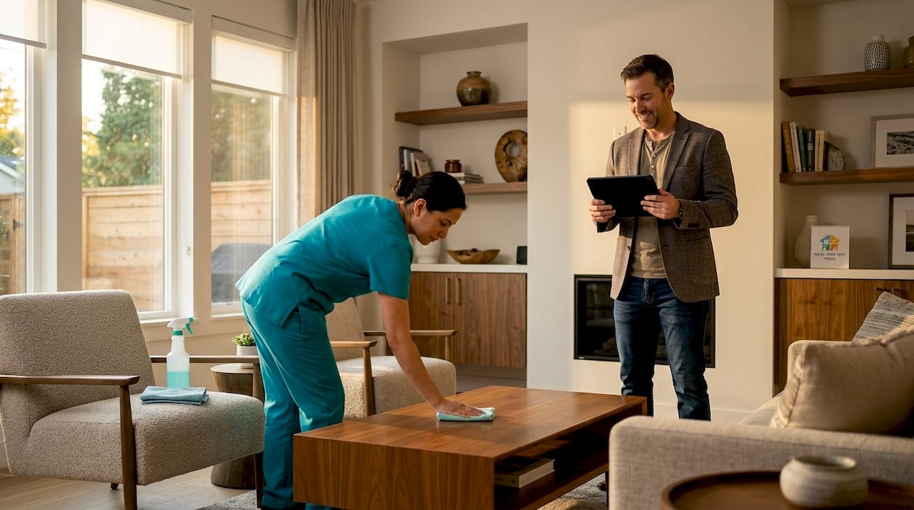 Real estate agent and cleaner inspect kitchen surface