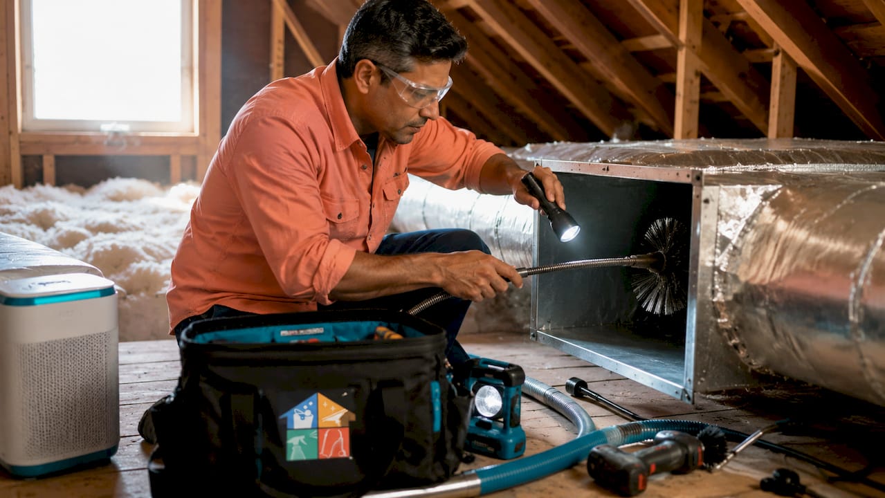 Technician cleaning HVAC ducts in attic