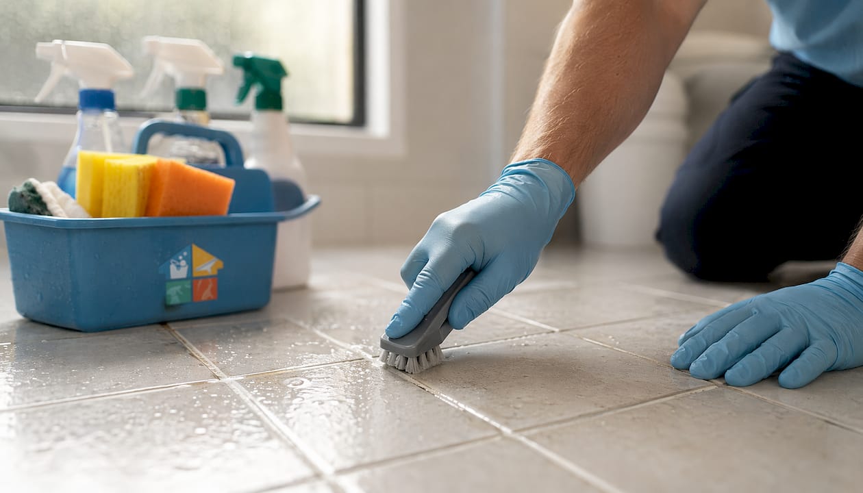 Close-up of hands cleaning tile grout