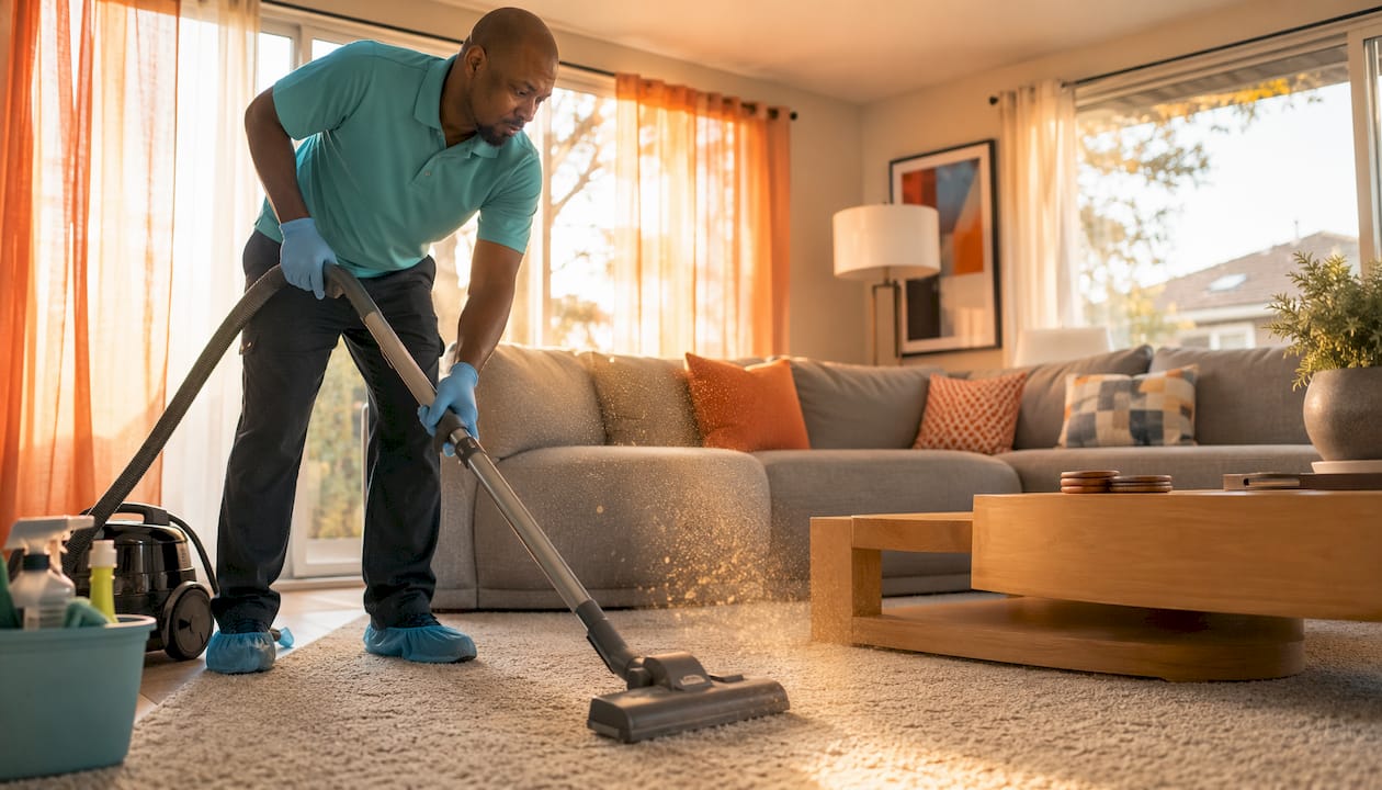 Professional cleaner vacuuming carpet in living room