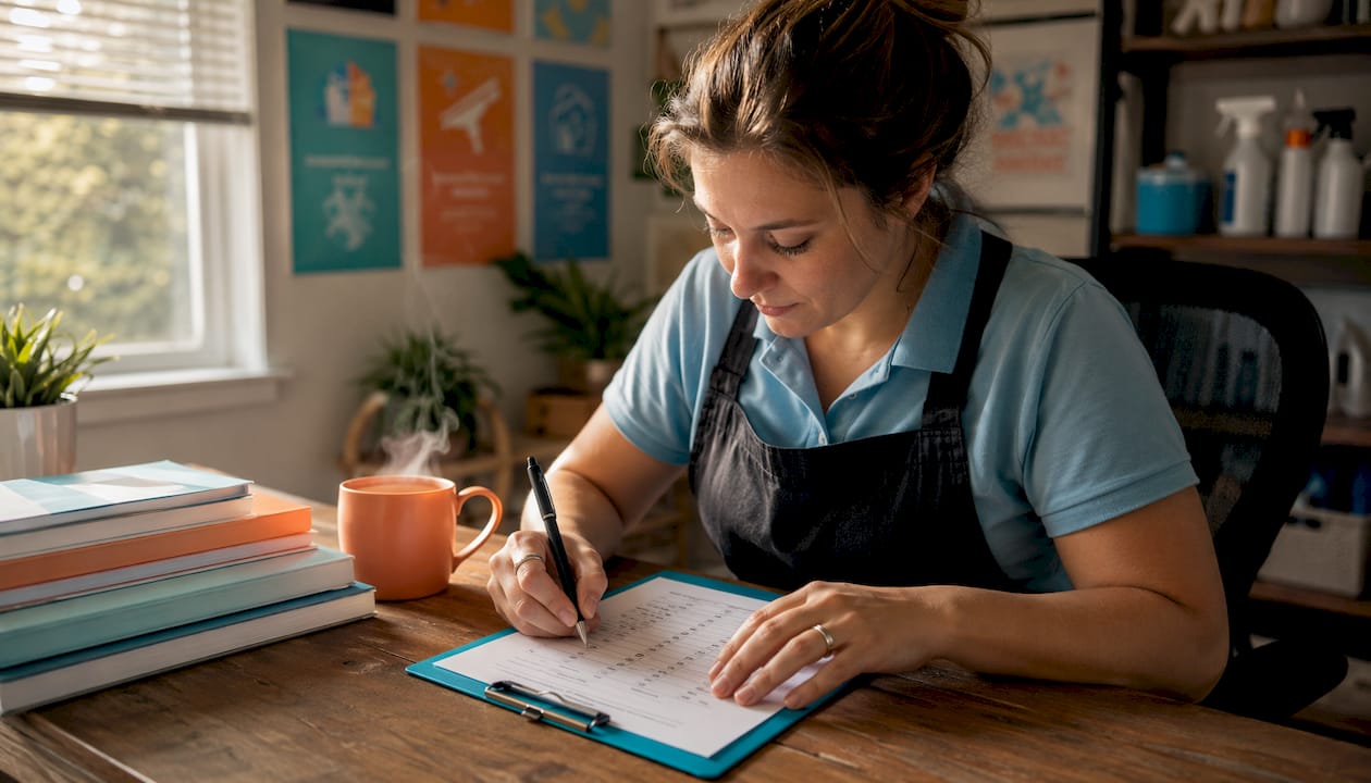 Hands completing cleaning certification exam form